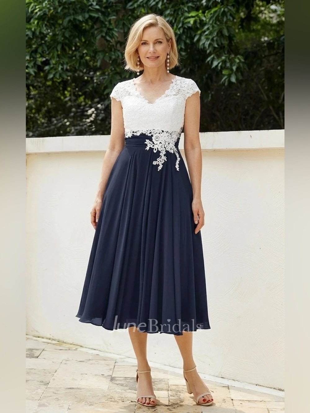 A-Line V-neck Lace Appliques Chiffon Petite Tea-length Elegant Cap Sleeve Dress